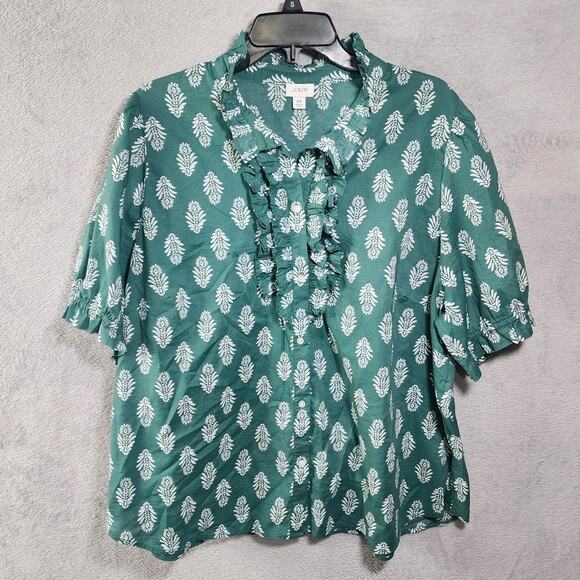 J. Crew Tops - J Crew Ruffle Collar Blouse Top Green 3 Button 100% Cotton Womens Plus Size 3XL